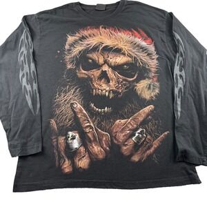 Spiral Direct Rock Santa Shirt 2XL Black Graphic Skull Christmas Hat Flame Sleev